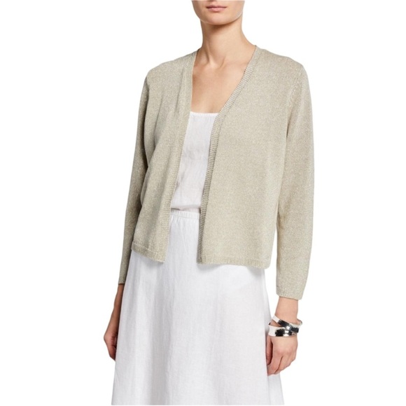 Eileen Fisher Recycled Cotton Metallic Thread Open Cardigan Sz L - Picture 1 of 12
